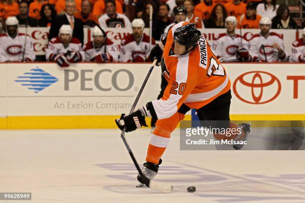 Chris Pronger of the Philadelphia Flyers breaks his stick on a shot against the Montreal Canadiens in Game 1 of the Eastern Conference Finals during...