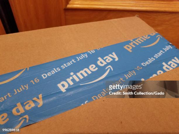 Close-up of packaging advertising Amazon Prime Day 2018, a special promotion from online retailer Amazon.com, July 6, 2018.