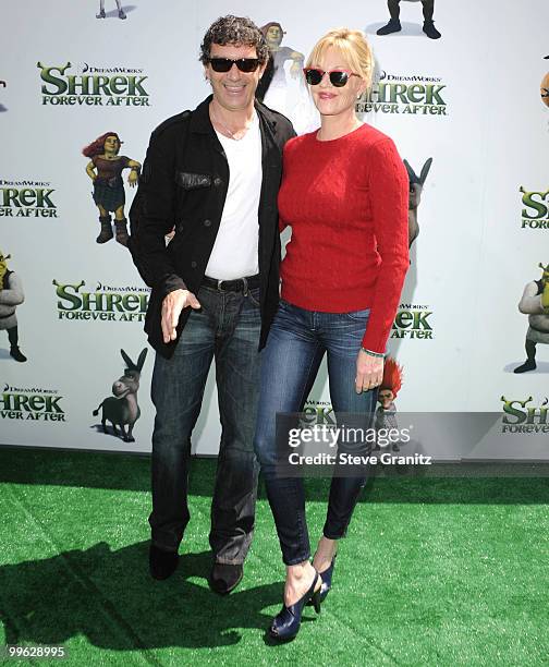 Antonio Banderas and Melanie Griffith attends the "Shrek Forever After" Los Angeles Premiere at Gibson Amphitheatre on May 16, 2010 in Universal...