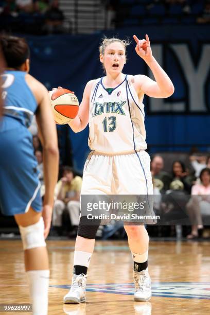 Lindsay Whalen of the Minnesota Lynx calls a play during the 2010 Lynx season home opening game against the Washington Mystics on May 16, 2010 at the...