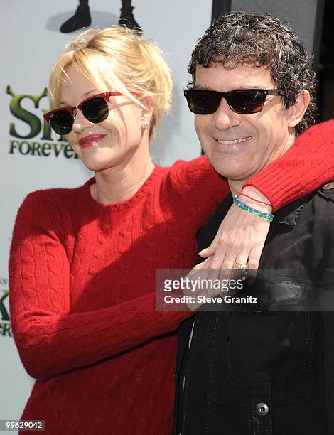 Melanie Griffith and Antonio Banderas attends the "Shrek Forever After" Los Angeles Premiere at Gibson Amphitheatre on May 16, 2010 in Universal...