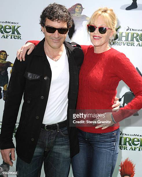 Antonio Banderas and Melanie Griffith attends the "Shrek Forever After" Los Angeles Premiere at Gibson Amphitheatre on May 16, 2010 in Universal...