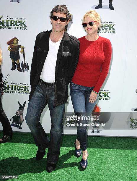 Antonio Banderas and Melanie Griffith attends the "Shrek Forever After" Los Angeles Premiere at Gibson Amphitheatre on May 16, 2010 in Universal...