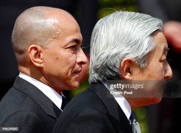 King Norodom Sihamoni of Cambodia and Emperor Akihito of Japan attend a welcoming ceremony at the Imperial Palace on May 17, 2010 in Tokyo, Japan....
