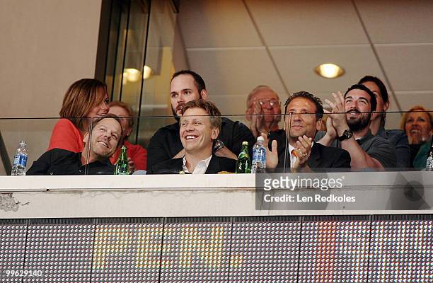 Kiefer Sutherland and a friend attend Game One of the Eastern Conference Finals during the 2010 NHL Stanley Cup Playoffs at the Wachovia Center on...
