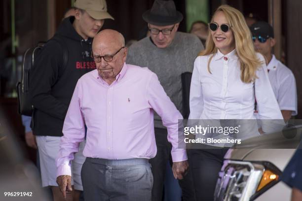 Rupert Murdoch, co-chairman of Twenty-First Century Fox Inc., and Jerry Hall arrive for the Allen & Co. Media and Technology Conference in Sun...