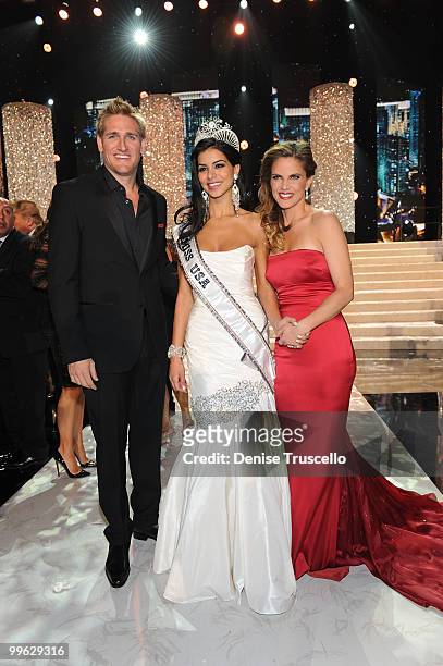 Miss USA 2010 hosts Curtis Stone and Natalie Morales pose with Rima Fakih, winner of the Miss USA 2010 pageant, at Planet Hollywood Casino Resort on...