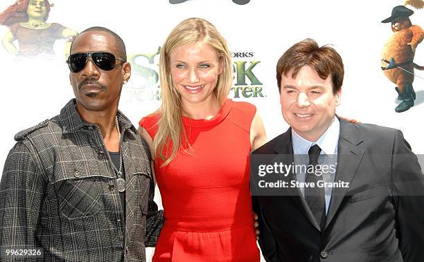 Eddie Murphy, Cameron Diaz and Mike Myers attends the "Shrek Forever After" Los Angeles Premiere at Gibson Amphitheatre on May 16, 2010 in Universal...