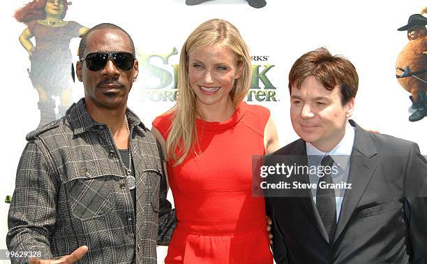 Eddie Murphy, Cameron Diaz and Mike Myers attends the "Shrek Forever After" Los Angeles Premiere at Gibson Amphitheatre on May 16, 2010 in Universal...