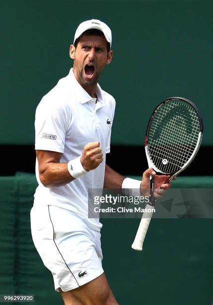Novak Djokovic of Serbia celebrates winning a point against Kei Nishikori of Japan during their Men's Singles Quarter-Finals match on day nine of the...