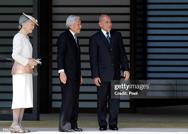 King Norodom Sihamoni of Cambodia and Emperor Akihito and Empress Michiko of Japan get together after attending a welcoming ceremony at the Imperial...