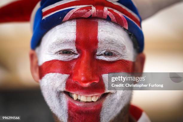 An England fan poses in Red Square ahead of tonight's World Cup semi-final game between England and Croatia on July 11, 2018 in Moscow, Russia.