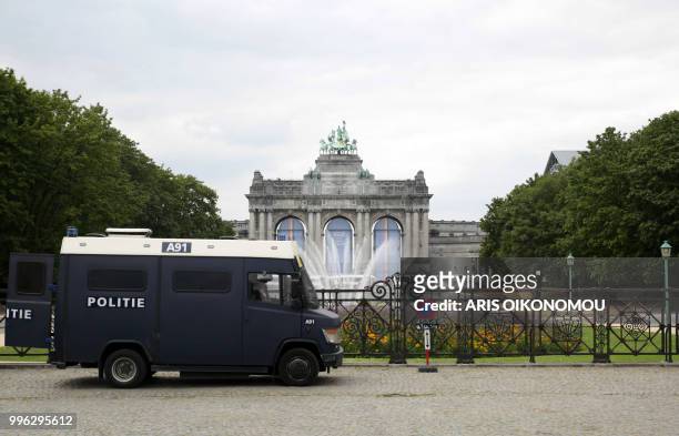 Security personnel and their vehicles in the Jubilee Park 'Parc du Cinquantenaire' in Brussels on July 11 ahead of the gala dinner that will take...