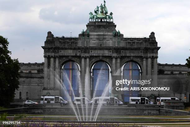 Security personnel and their vehicles in the Jubilee Park 'Parc du Cinquantenaire' in Brussels on July 11 ahead of the gala dinner that will take...