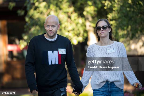 Daniel Ek, co-founder and chief executive officer of Spotify, and wife Sofia Ek arrive for a morning session of the annual Allen & Company Sun Valley...