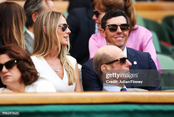 Rory McIlroy and Erica Stoll attend day nine of the Wimbledon Lawn Tennis Championships at All England Lawn Tennis and Croquet Club on July 11, 2018...