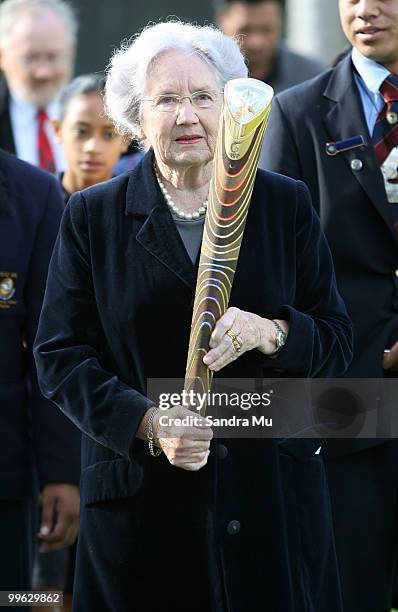 Lady June Hillary walks with the Queen's Baton before handing it over to students as part of the Delhi 2010 Commonwealth Games Queen's Baton relay at...
