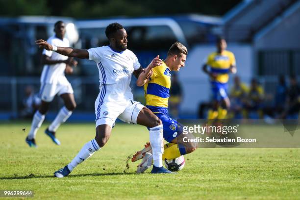 Yoann Salmier of Strasbourg and Victor Glaentzlin of Sochaux during the Friendly match between Sochaux and Strasbourg on July 10, 2018 in Belfort,...