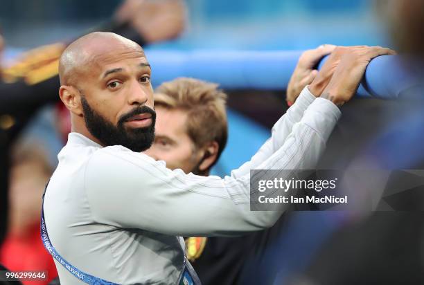 Thierry Henry is seen during the 2018 FIFA World Cup Russia Semi Final match between Belgium and France at Saint Petersburg Stadium on July 10, 2018...