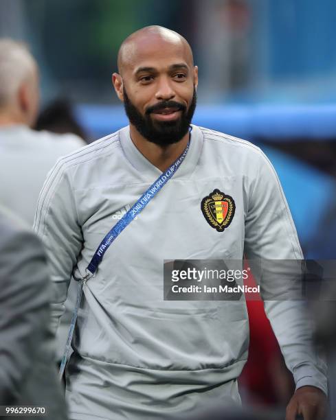 Thierry Henry is seen during the 2018 FIFA World Cup Russia Semi Final match between Belgium and France at Saint Petersburg Stadium on July 10, 2018...