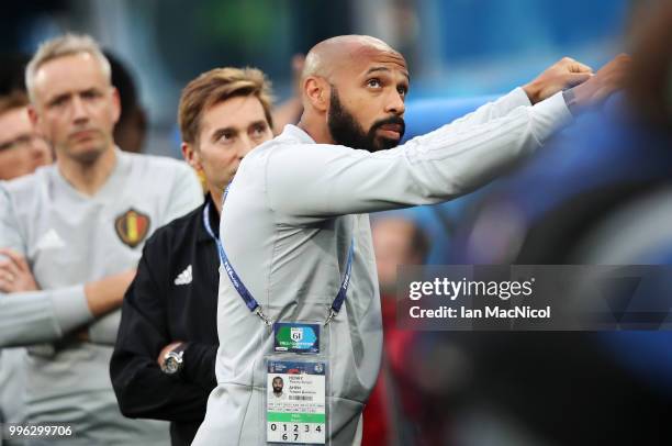 Thierry Henry is seen during the 2018 FIFA World Cup Russia Semi Final match between Belgium and France at Saint Petersburg Stadium on July 10, 2018...