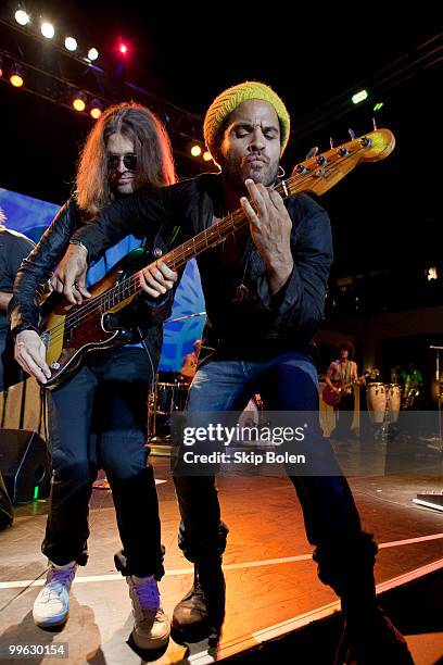 Bassist Jack Daley and musician Lenny Kravitz perform at the GULF AID benefit concert at Mardi Gras World River City on May 16, 2010 in New Orleans,...