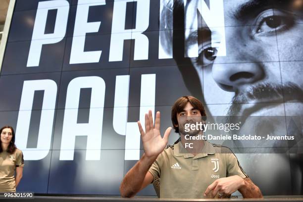 Mattia Perin during a Juventus Press Conference at Juventus Store on July 11, 2018 in Turin, Italy.
