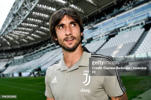 Mattia Perin during a Juventus Press Conference at Juventus Allianz Stadium on July 11, 2018 in Turin, Italy.