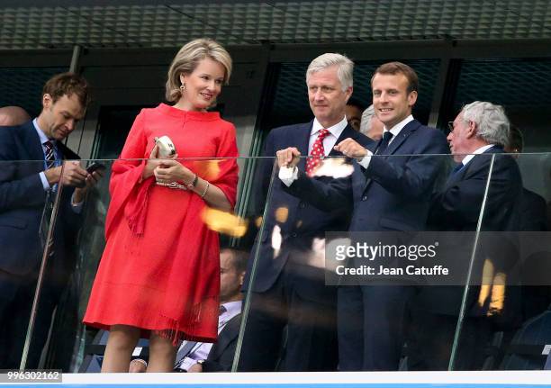 Queen Mathilde of Belgium, King Philippe of Belgium, President of France Emmanuel Macron during the 2018 FIFA World Cup Russia Semi Final match...