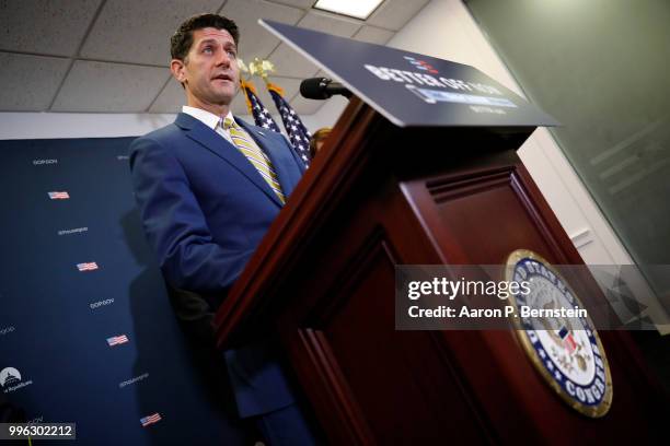 Speaker of the House Paul Ryan speaks with reporters during a news conference following a House Republican conference meeting July 11, 2018 on...