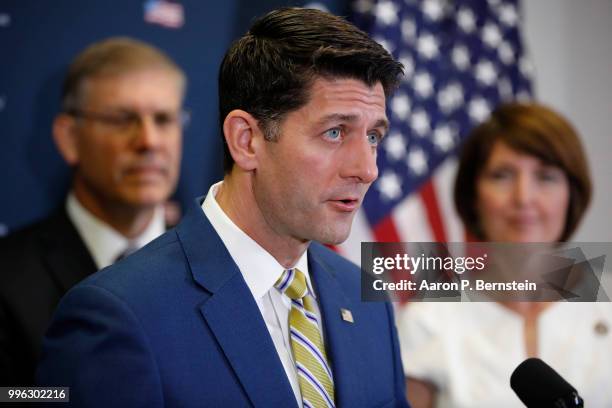 Speaker of the House Paul Ryan speaks with reporters during a news conference following a House Republican conference meeting July 11, 2018 on...