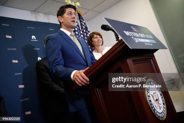 Speaker of the House Paul Ryan speaks with reporters during a news conference following a House Republican conference meeting July 11, 2018 on...