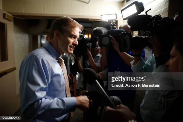 Rep. Jim Jordan speaks with reporters ahead of a House Republican conference meeting July 11, 2018 on Capitol Hill in Washington, DC. Jordan, a...