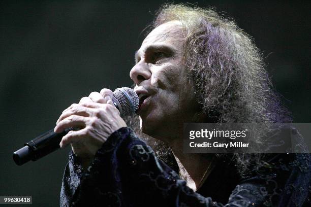 Vocalist Ronnie James Dio performing here in concert with Heaven & Hell at the Verizon Wireless Amphitheater in San Antonio, Texas on August 24, 2008...