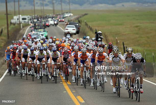 The peloton rolls through the countryside during Stage One of the 2010 Tour of California from Nevada City to Sacramento on May 16, 2010 in...