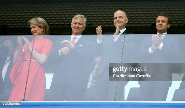 Queen Mathilde of Belgium, King Philippe of Belgium, FIFA President Gianni Infantino and President of France Emmanuel Macron during the 2018 FIFA...