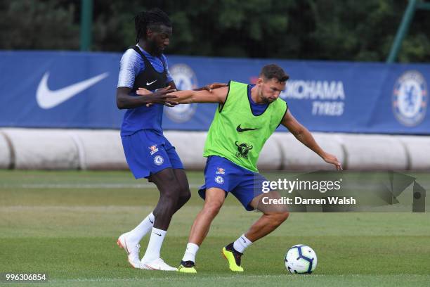 Tiemoue Bakayoko and Danny Drinkwater of Chelsea during a training session at Chelsea Training Ground on July 11, 2018 in Cobham, England.