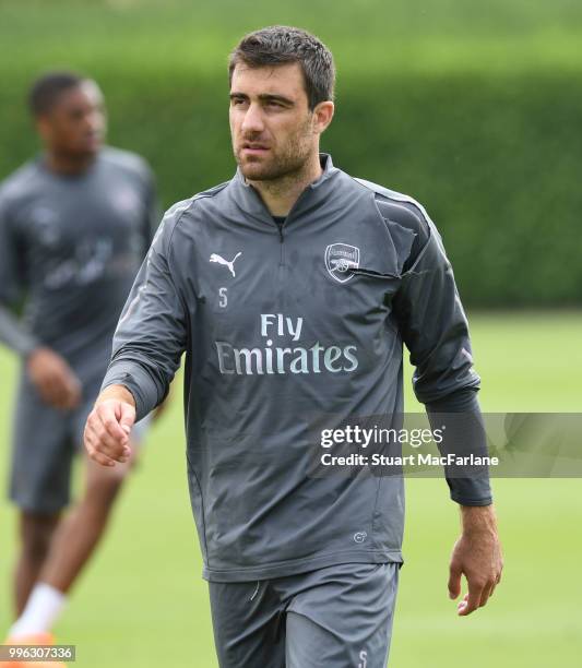 Sokratis of Arsenal during a training session at London Colney on July 11, 2018 in St Albans, England.