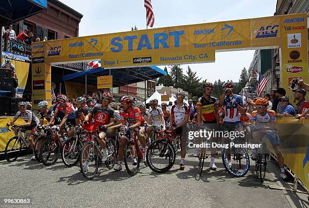 The peloton prepares for the start of Stage One of the 2010 Tour of California from Nevada City to Sacramento on May 16, 2010 in Nevada City,...