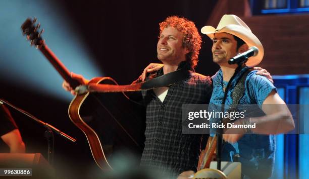 Singers/Songwriters Dierks Bentley/Brad Paisley perform during the Music City Keep on Playin' benefit concert at the Ryman Auditorium on May 16, 2010...