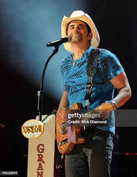 Singer/Songwriter Brad Paisley performs during the Music City Keep on Playin' benefit concert at the Ryman Auditorium on May 16, 2010 in Nashville,...