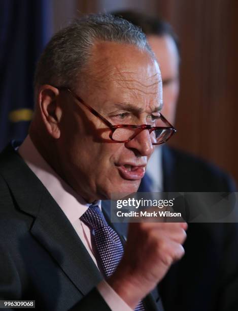 Senate Minority Leader Chuck Schumer speaks about healthcare during a news conference on Capitol Hill, on July 11, 2018 in Washington, DC. Schumer...