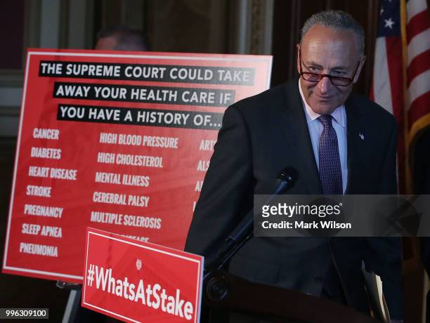 Senate Minority Leader Chuck Schumer speaks about healthcare during a news conference on Capitol Hill, on July 11, 2018 in Washington, DC. Schumer...