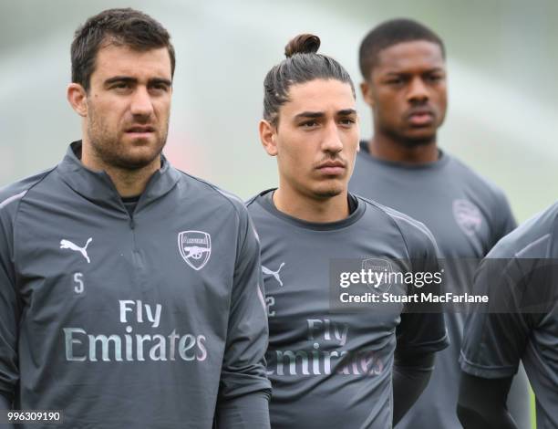 Sokratis and Hector Bellerin of Arsenal during a training session at London Colney on July 11, 2018 in St Albans, England.
