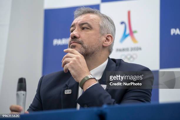Etienne Thobois, Paris 2024 director general speaks during the signing ceremony of the memorandum of understanding on the relations and cooperation...