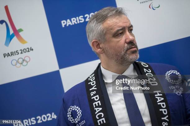 Etienne Thobois, Paris 2024 director general speaks during the signing ceremony of the memorandum of understanding on the relations and cooperation...