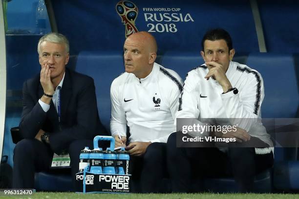 France coach Didier Deschamps, assistant coach Guy Stephan of France, goalkeeping coach Franck Ravio of France during the 2018 FIFA World Cup Semi...