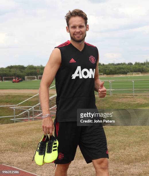 Daley Blind of Manchester United walks out ahead of a first team training session at Aon Training Complex on July 11, 2018 in Manchester, England.