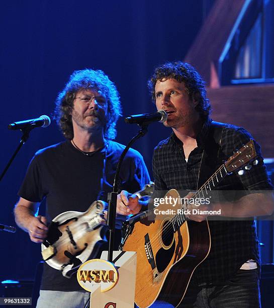 Musician Sam Bush and Singer/Songwriter Dierks Bentley perform during the Music City Keep on Playin' benefit concert at the Ryman Auditorium on May...