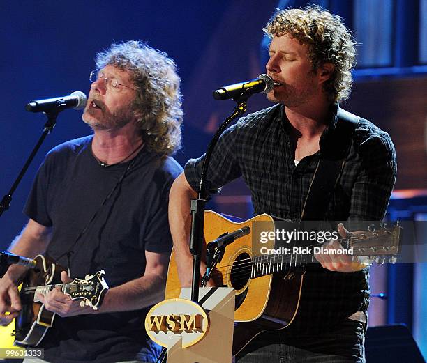 Musician Sam Bush and Singer/Songwriter Dierks Bentley perform during the Music City Keep on Playin' benefit concert at the Ryman Auditorium on May...